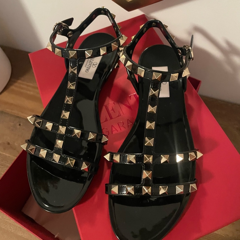 Valentino Garavani Black and Gold Studded Sandals